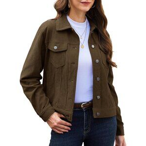 Women Coffee Corduroy Cropped Shacket Button Down Long Sleeve Casual Coat